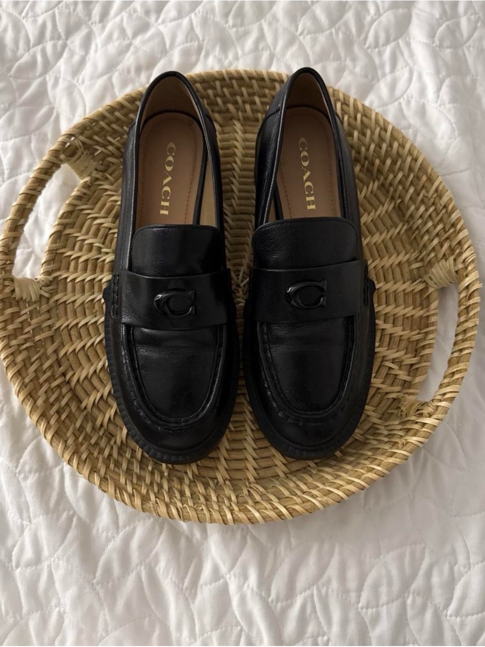 Coach Black Leather Slip-On Penny Loafers with Signature C